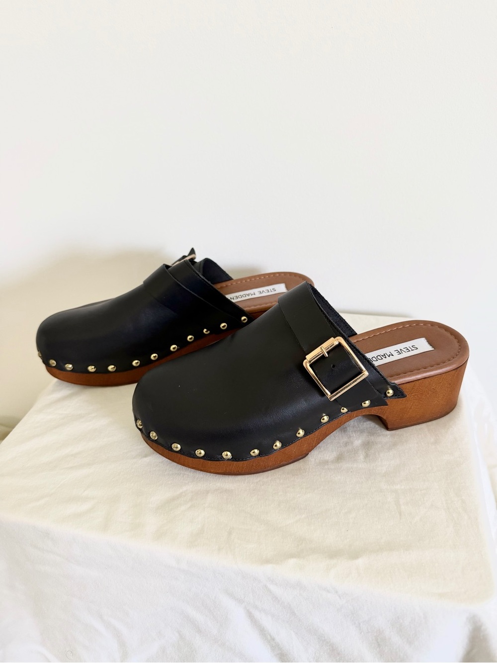 Steve Madden Wooden Heel Black Clog Mules with Gold Buckle and studs